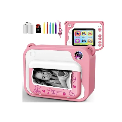 Afbeelding van Kindercamera, digitale camera afdrukcamera, 1080p 2,0 inch (5 cm) scherm, videocamera, zwart wit, fotocamera met 32 GB geheugenkaart, 3 rollen printpapier, 5 kleuren penseelstift, cadeau voor kinderen