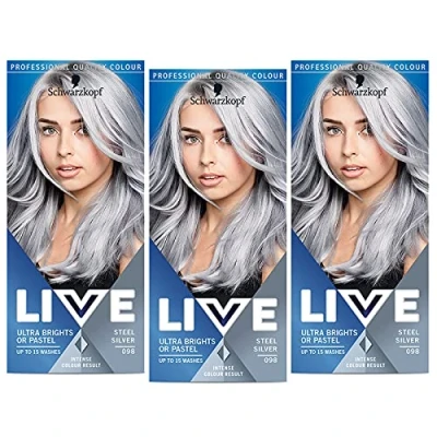 Afbeelding van Schwarzkopf Live Ultra Brights or Pastel 2 in 1 Semi Permanente Haarverf tot 15 wasbeurten 098 Staal Zilver, 3 stuks (3 x 142 ml)