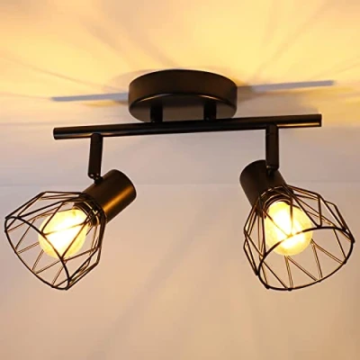 Afbeelding van Dehobo Industriële plafondlamp, spots en spotrails, zwart, spot helling met E14 fitting, 40 W spotstrip, zonder lampen, 4 ledspots, draaibaar, voor binnen, keuken, slaapkamer, woonkamer