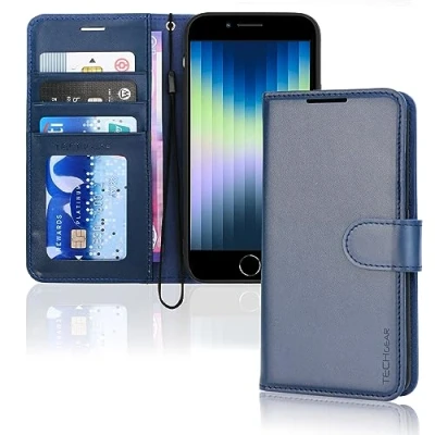 Afbeelding van TECHGEAR Beschermhoes voor iPhone SE 2022 5G/2020, 8/7/6, met kaarthouder en polsband, blauw, magneetsluiting 3/SE 2/iPhone 8 7 6 6S 4,7 inch