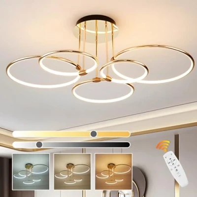 Afbeelding van 5 ronde ringen gouden led plafondlamp, kroonluchter Ø 93 cm 108 W dimbaar, creatieve hanglamp van elektrolytisch metaal, moderne lamp voor slaapkamer, kinderkantoor, studie