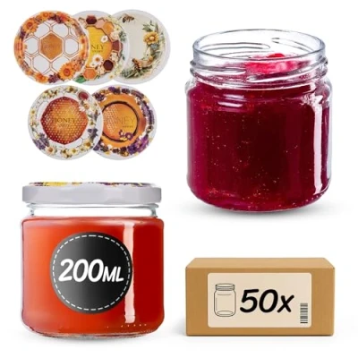 Afbeelding van KADAX Set van 50 kleine jampotten, 200 ml, ronde mini potjes voor honing en specerijen, luchtdichte weckpotten, voorraadpotten glas bloemenhoning