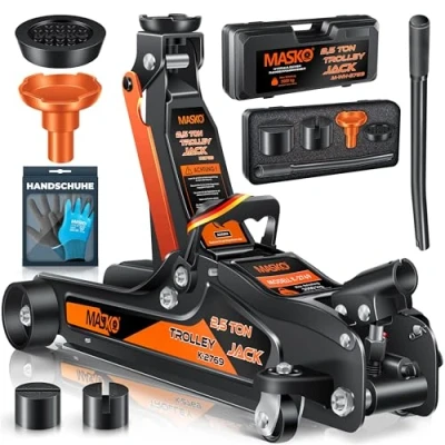 Afbeelding van MASKO® hydraulische krik, vlakke hefhoogte + 2 x rubberen pads handschoenen, krik voor voertuigen, 360 draaivermogen, 2,5 ton oranje