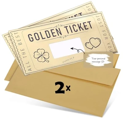 Afbeelding van DasWas 2 x kraskaart gouden ticket cadeaukaart om te vullen met krassticker cadeaukaarten en tickets zelf maken gepersonaliseerd cadeau, glinsterende envelop + schrapergereedschap