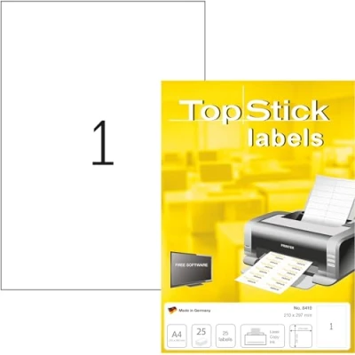 Afbeelding van TopStick 8410 universele etiketten A4 groot (210x297mm, 800 vellen, papier, mat) zelfklevend, bedrukbaar, permanent klevend adresstickers, zelfklevende etiketten, wit