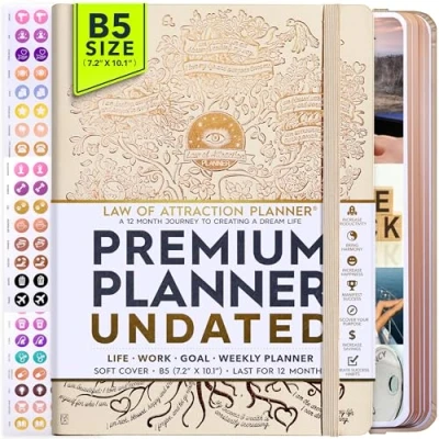 Afbeelding van Wet van aantrekkingskracht, ongedateerde week en maandplanner, 12 maanden reis voor meer productiviteit geluk, met dankbaarheidsdagboek stickers (B5 formaat)