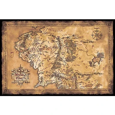 Afbeelding van Poster the Lord of Rings, kaart van Midden aarde (Dark) (91,5 cm x 61 cm) + een verrassingsposter als cadeau