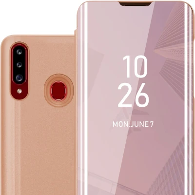 Afbeelding van Cadorabo Hoesje geschikt voor Samsung Galaxy A20s in KUNZIET ROZE Clear View Spiegel Beschermende Case met Tribunefunctie 360 Graden Bescherming Book Cover Etui