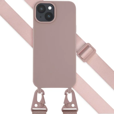 Afbeelding van Selencia hoesje Geschikt voor iPhone 15 met koord Siliconen design afneembaar Roze / Irregular Check Sand Pink