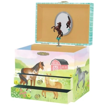 Afbeelding van Giggle &amp; Honey Juwelenkistje met muziek voor meisjes, paardenmuziekdoos kinderen spiegel, verjaardagscadeaus kleine 17,1 x 13,3 15,2 cm, 3 10 jaar