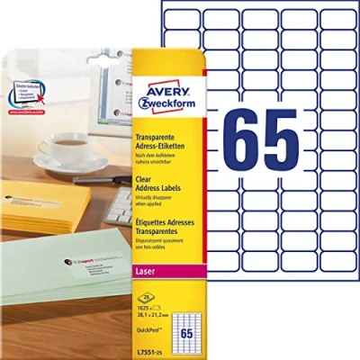 Afbeelding van Avery L7551 25 adresetiketten ft 38,1 x 21,2 mm (b h), 1.625 etiketten, transparant etiket