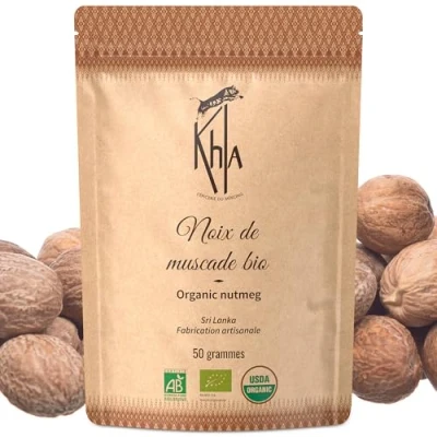 Afbeelding van Khla Biologische hele nootmuskaat vershoudzak 200g uit Sri Lanka ingrediënt keuken &amp; gebak Zeldzame specerijen Azië Direct producent Kerstkruid, Quiches, Puree, Gratins