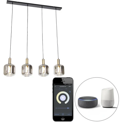 Afbeelding van QAZQA Smart hanglamp zwart met smoke glas 4 lichts incl. Wifi A60