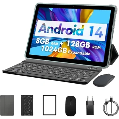 Afbeelding van PRITOM Android 13 tablet, pc, 10 inch, 8 GB (4 + 4 GB) 128 GB, uitbreidbaar 1 TB, 8000 mAh, Qcta Core processor, WiFi 6, bluetooth, met tas, toetsenbord, muis, gaming, blauwgroen