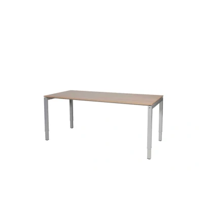 Afbeelding van Cubeo 4 poot bureau, zit/zit hoogte verstelbaar (62 85cm) dmv slinger met 200x80cm havana/ kersen licht 25mm blad en aluminium (RAL9006) frame