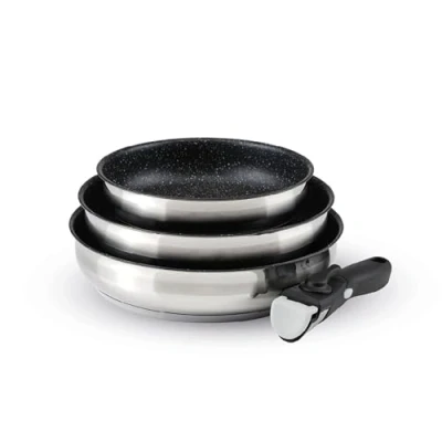 Afbeelding van Set van 3 braadpannen in roestvrij staal non stick coating met afneembaar handvat Zilver / Zwart