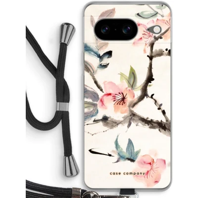 Afbeelding van Case Company® hoesje met Koord geschikt voor Google Pixel 8 Japanse bloemen Telefoonhoesje Zwart Bescherming aan alle Kanten en Over de Schermrand
