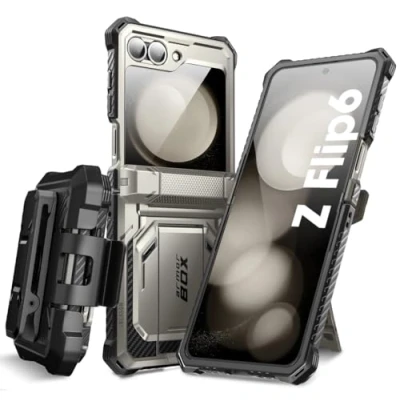 Afbeelding van i Blason Beschermhoes voor Samsung Galaxy Z Flip 6 met standaard [geïntegreerde displaybescherming] [scharnierbescherming] [riemclip] volledige militaire bescherming 6, grijs