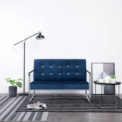 Afbeelding van Tweezitsbank met armleuningen chroom en fluweel blauw
