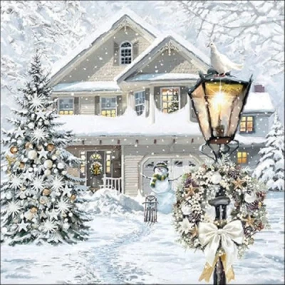 Afbeelding van 20 stuks papieren servetten met motief winterstadhuis, ook geschikt voor decoupage en servettechniek, 33 x cm