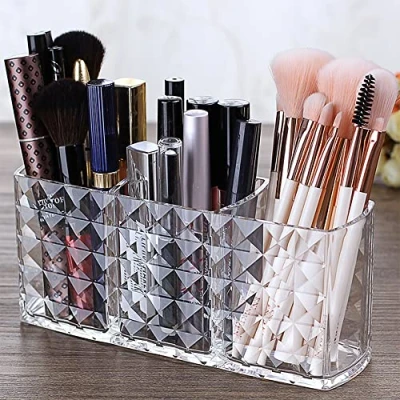 Afbeelding van Ubitree make up borstelhouder, 3 sleuven Clear acryl cosmetische organizer voor borstel eyeliners Lippenstift Crystal opbergdoos badkamer slaapkamer jurk tafel ijdelheden kantoor bureau