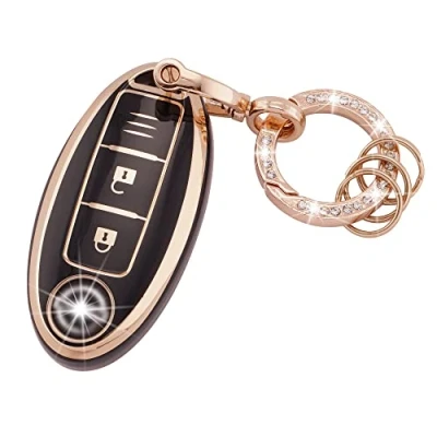 Afbeelding van Koaudb Sleutelhangerhoes compatibel met Nissan 350Z Qashqai Murano X Trail Kicks Tiida Micra Pathfinder Note Juke 3 Knoppen Zachte TPU Case Lederen Sleutelhanger Zwart Goud (BP Nisn 3)