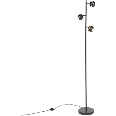 Afbeelding van QAZQA Moderne vloerlamp 3 lichts zwart met gouden binnenkant Buell