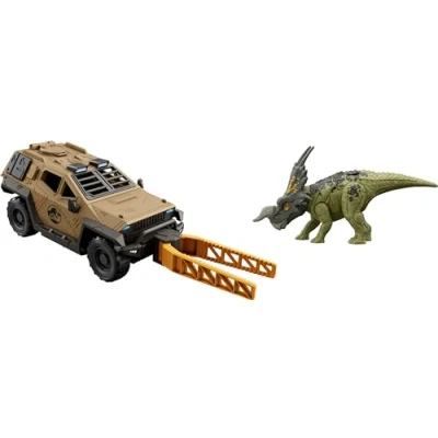 Afbeelding van Mattel Jurassic World Dinosaurus vrachtwagen en Einiosaurus actiefiguren set met Flip &amp; Roll functie, Mission Mayhem voertuig voor dinosaurusspel vernietiging