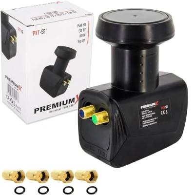 Afbeelding van PremiumX Twin LNB voor 2 deelnemers TV signaal converter met weerbescherming digitale satellietLNB in zwart inclusief 4 x F aansluitingen DVB S2 8K UHD 4K Full HD