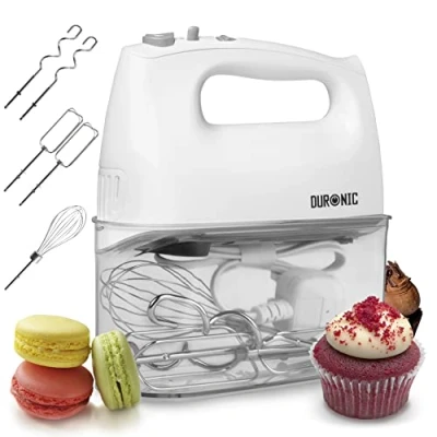 Afbeelding van Duronic HM4 WE Elektrische handmixer 400 W, 5 snelheden met turbo functie, opbergvak, 2 kloppers, kneedhaken en 1 garde, wit