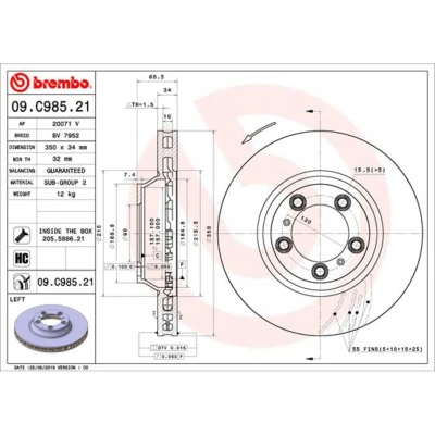 Afbeelding van BREMBO 09.C985.21 Remschijf 350 34 5 interne ventilatie Gecoat High carbon Met schroeven