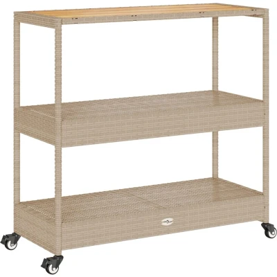 Afbeelding van Keukentrolley 3 laags poly rattan en massief acaciahout beige