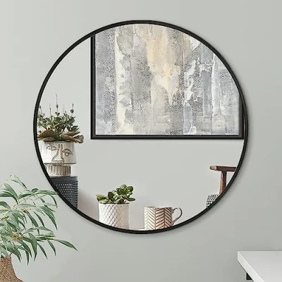 Afbeelding van Americanflat ronde zwarte spiegel met aluminium frame, 80 cm, voor slaapkamer, entree en woonkamer, badkamerspiegel ophangmateriaal