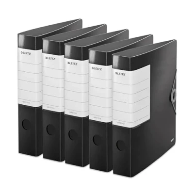 Afbeelding van Leitz 5 stuks 11130095 kwaliteitsmappen 180 stevig A4 smal zwart rug 6,2 cm elastische sluiting van robuust polyfoam extra groot etiket verwisselbaar