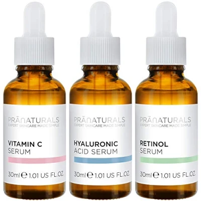 Afbeelding van PraNaturals Skin Perfector Assortiment van 3 anti aging lotionserums voor het gezicht, hyaluronzuur, retinol en vitamine C, vermindert rimpels fijne lijntjes, verrijkt met natuurlijke oliën