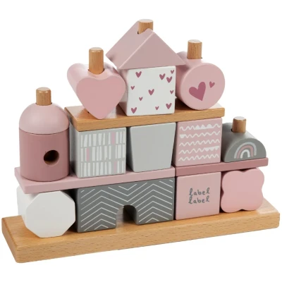Afbeelding van Label Wooden stacking blocks Stapelblokken huisje Pink Roze