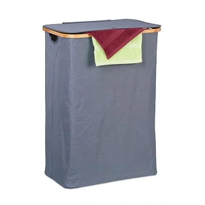 Afbeelding van Relaxdays wasmand met deksel 105 liter opvouwbare wasbox stof en bamboe badkamer