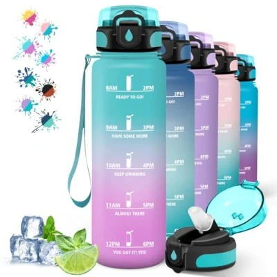 Afbeelding van bouteille d&#039;eau 1 litre avec paille sans fuite, de motivation échelle temps, facile à nettoyer, gourdes slogan motivation, pour camping, yoga, vert rose