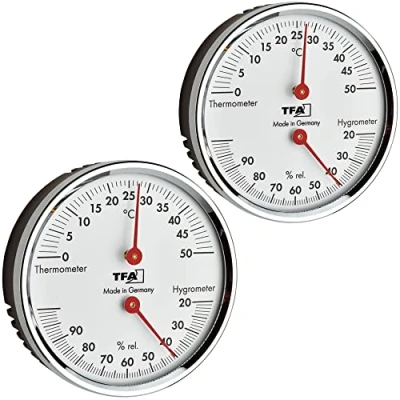Afbeelding van TFA Dostmann 45.2041.42 Set van 2 analoge thermometer hygrometer met metalen ring voor temperatuur en vochtigheidsregeling, 120 x 29 235 mm, zilverkleurig