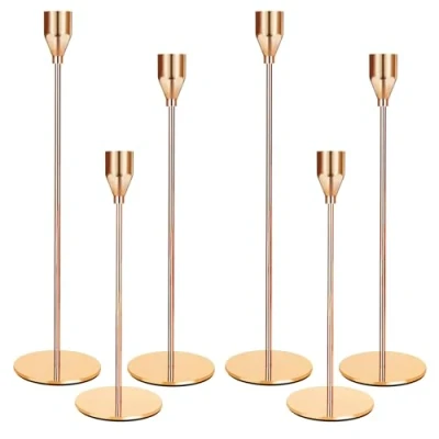 Afbeelding van Set van 6 gouden kandelaars in 3 verschillende hoogtes, geschikt voor bruiloften, verjaardagsfeesten, diners bij kaarslicht.