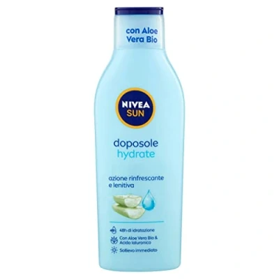 Afbeelding van NIVEA Sun After Milk, hydrateert, 200 ml, aftersun crème met biologische aloë vera en hyaluronzuur, hydraterende lichaamscrème verfrissende rustgevende werking