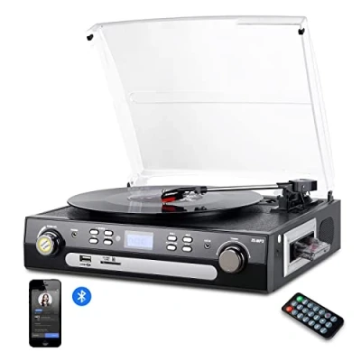 Afbeelding van DIGITNOW! vinyl draaitafel Bluetooth platenspeler met stereo luidsprekers, 3 snelheden, ondersteuning cassette AM/FM radio naar MP3 USB codering