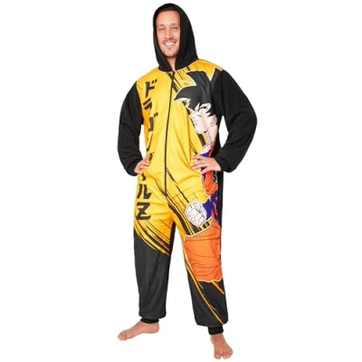 Afbeelding van Dragon Ball Z Fleece onesie voor heren met capuchon, comfortabel, anime cadeaus hem, Zwart/Geel