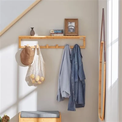 Image de SoBuy FHK06 N Étagère Porte Serviette Manteau Mural en Bambou avec et 6 Crochets