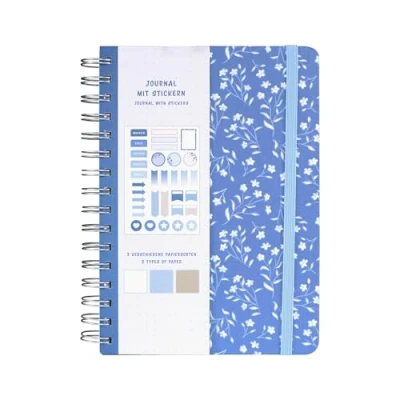 Afbeelding van Idena 11366 A5 notitieboek met 66 stickers, blauw, 78 pagina&#039;s, 120 g/m², 3 verschillende soorten papier, gestippeld, binnenzak en elastiek, FSC Mix