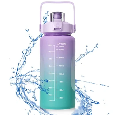 Afbeelding van Firschoie Waterfles, sportfles, 2 liter, drinkfles met rietje, geïnspireerde tijdmarkering, BPA vrij, waterdicht, licht en herbruikbaar, voor sport, fitness, outdoor, wandelen (paars)