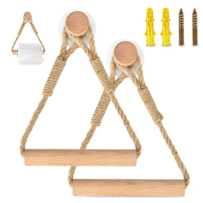 Afbeelding van Ceisazira 2 stuks toiletpapierhouders, wandgemonteerde toiletpapierhouder, zelfklevend, houten touw, rustieke handdoekring, wandtouw voor badkamer en keuken