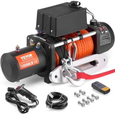 Afbeelding van VEVOR Elektrische lier 6123 kg 12 V DC met Φ1 x 2438,4 cm Synthetische Aluminium Kabel Draadloze Afstandsbediening/Bedrade IP55 voor het slepen van terreinvoertuigen, Jeeps,