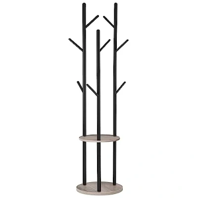 Afbeelding van HOOBRO Vrijstaande kapstok in boomvorm met 8 haken, 2 ronde planken, voor kleding, hoeden, tassen, woonkamer, slaapkamer, kantoor, grijs, EBG33YM01