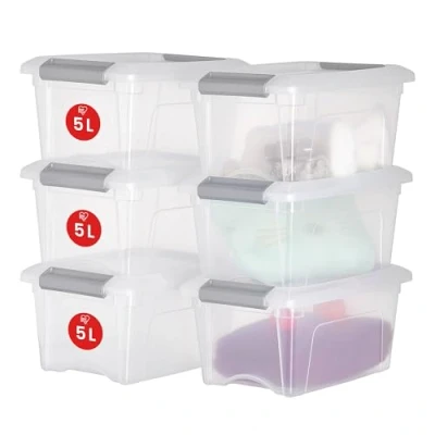 Afbeelding van Iris Ohyama, NTB 5 Kleine kunststof opbergdoos met deksel, l, 6 stuks, zilver, sluitclips, handgreep, stapelbaar, robuust en duurzaam, voor slaapkamer, kleedkamer, kantoor,